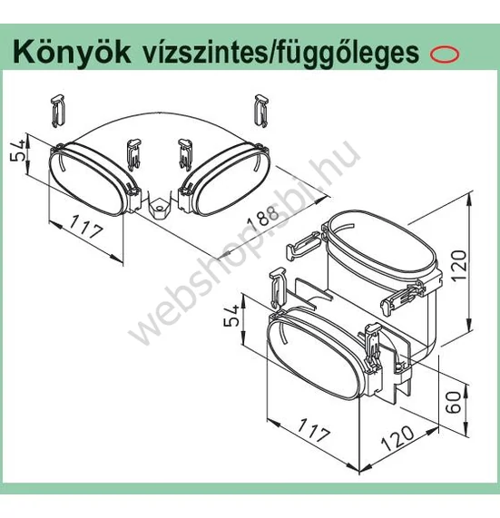 FRS-BV 51 tip. Függőleges 90 fokos könyök HELIOS FRS ovális flexibilis csőrendszerhez NA 51 mm 