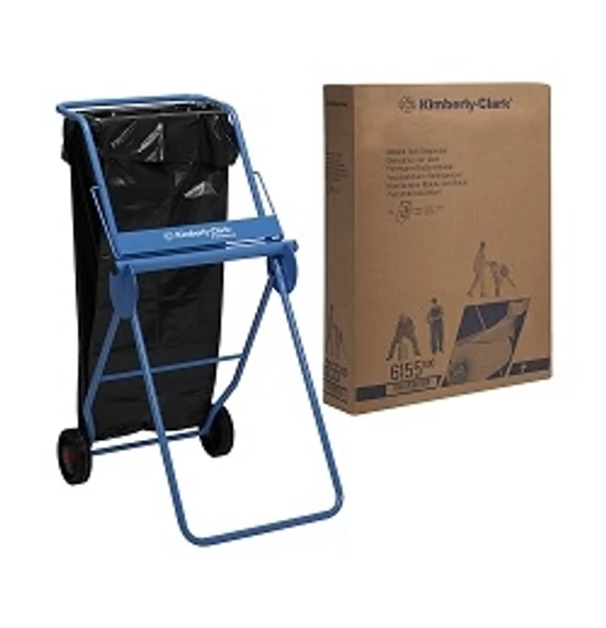 Kimberly Clark mobil tekercs tartó, széles, acél, kék, max. 40 cm széles nagy tekercshez kerekes hulladékgyűjtő tartóval