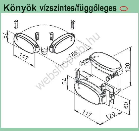 FRS-BV 51 tip. Függőleges 90 fokos könyök HELIOS FRS ovális flexibilis csőrendszerhez NA 51 mm 