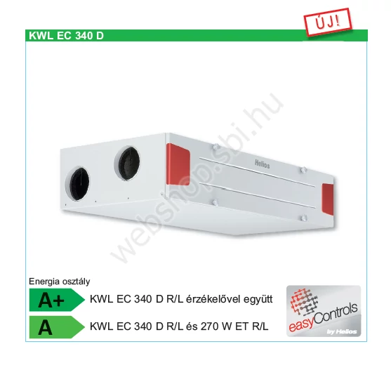 HELIOS KWL 340 D R Mennyezeti hővisszanyerős szellőztető készülék 3.0 easyControls vezérléssel (jobbos kivitel) K