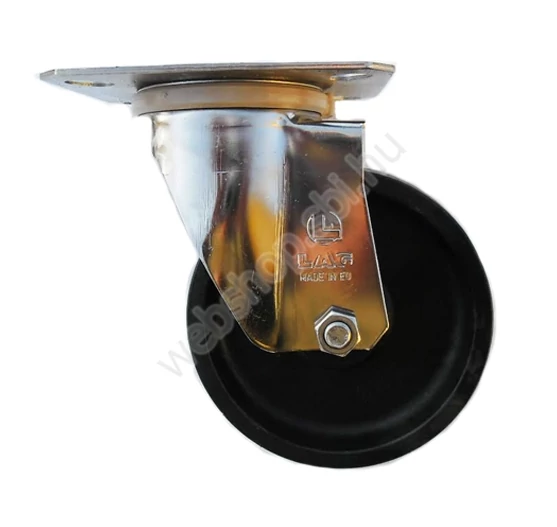 LAG FN 27876 tip. Ø100 mm önbeálló, talplemezes rozsdamentes acél (INOX 20) villás 80 kg teherbírású hőálló kerék